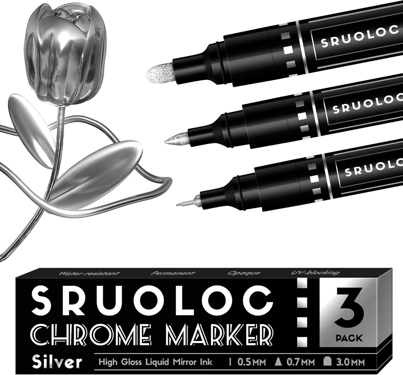3Pcs Liquid Chrome Paint Markers, Oil-based Permanent Chrome Maker, Gloss Mirror Marker Repairing, Reflective Metallic Pen Markers for Touch Up Model Painting DIY Art Projects, Silver